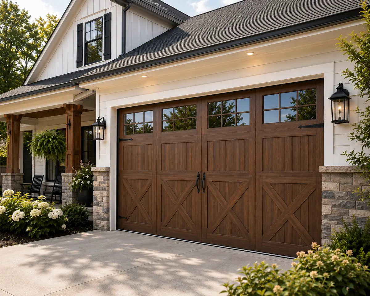 Walnut carriage-house garage door with windows