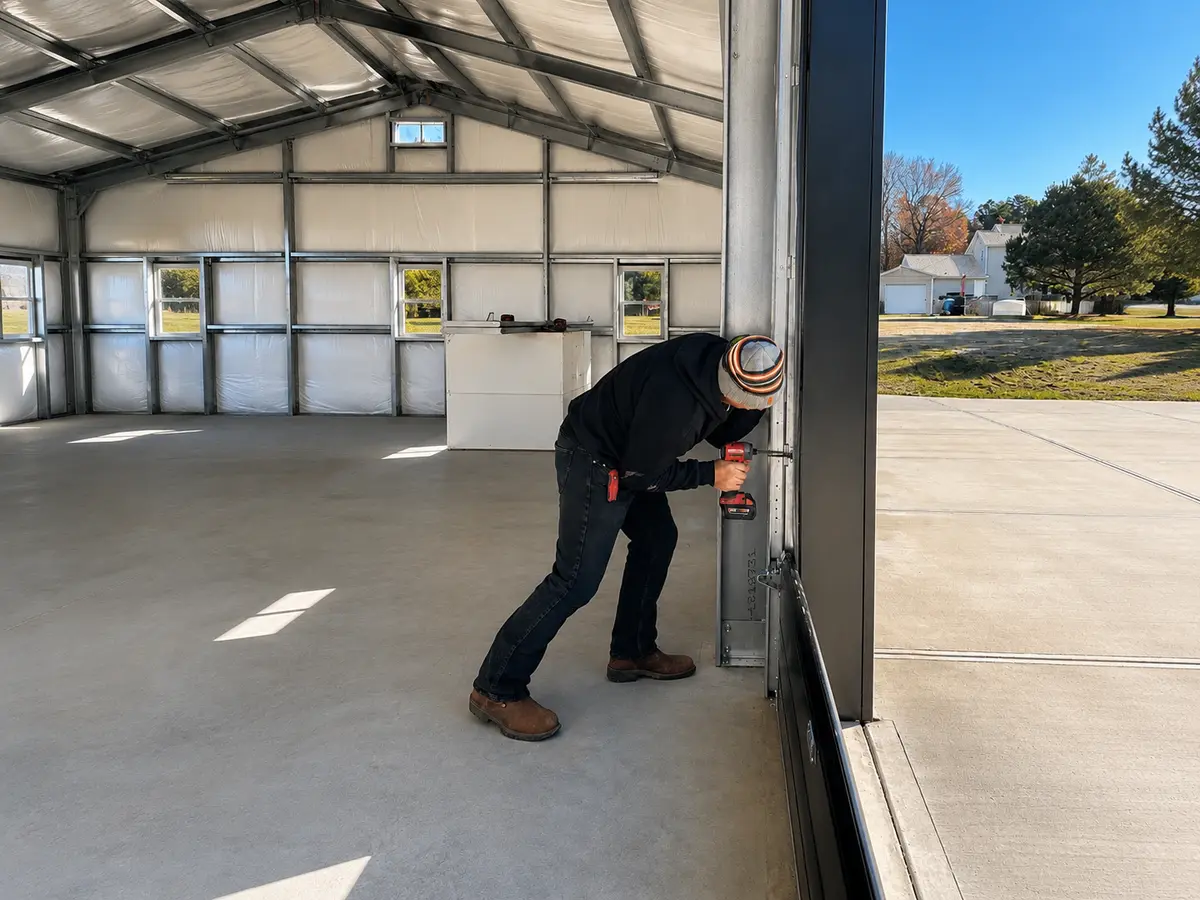JC installing a commercial door on a steel building