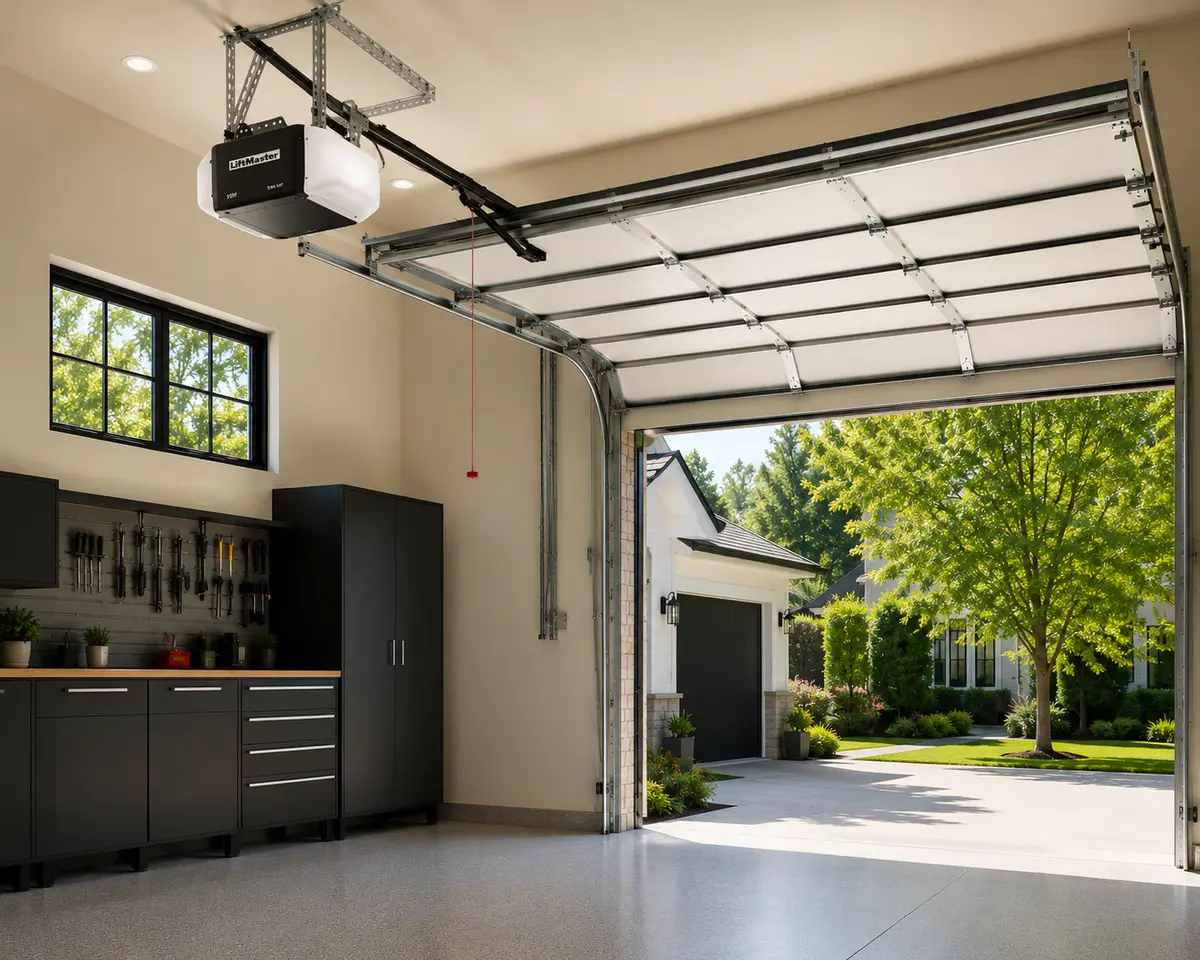 Inside a bright, organized garage with a LiftMaster opener and the door rolled up